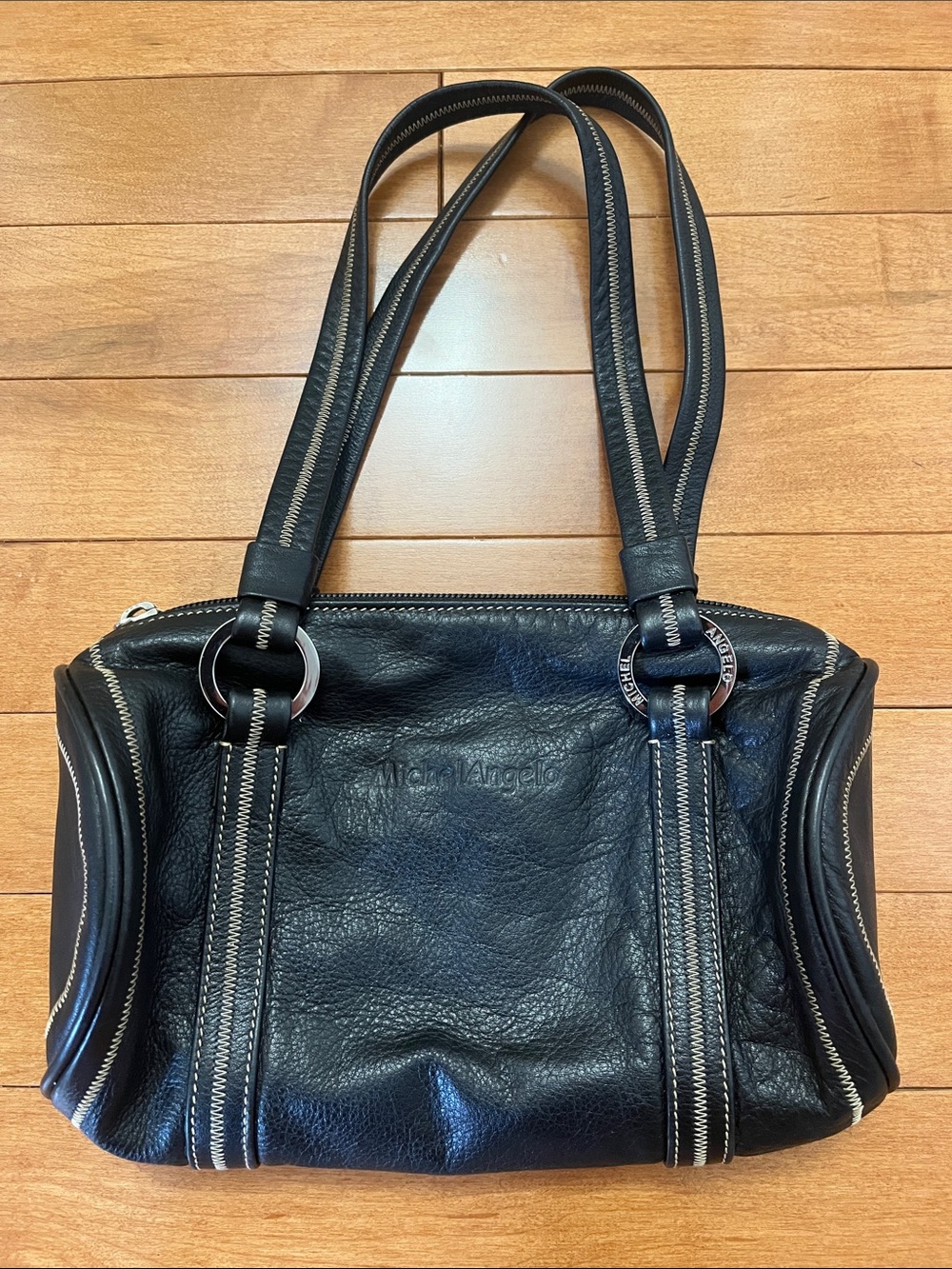 Michel Angelo Black Genuine Leather Double-Handle Barrel Shoulder Bag